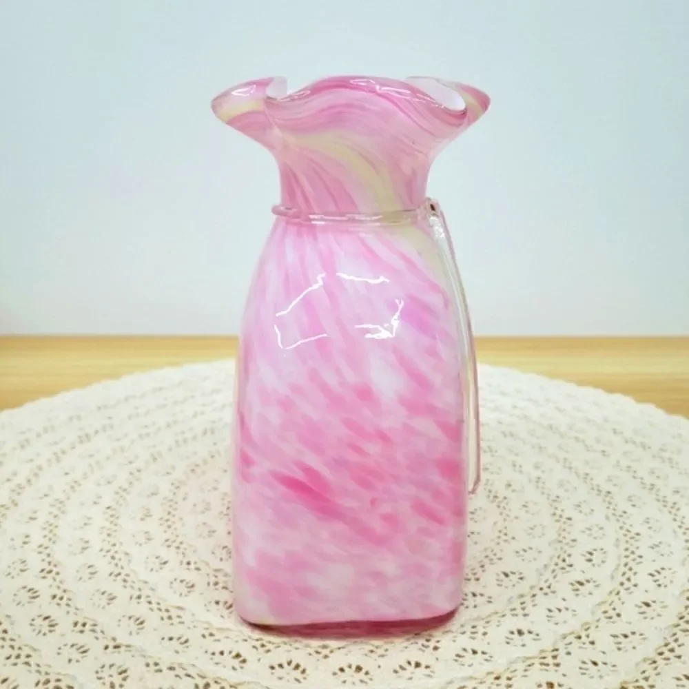 Vintage Murano Style Pink Cased Art Glass Tied Gift Bag Swirl Vase